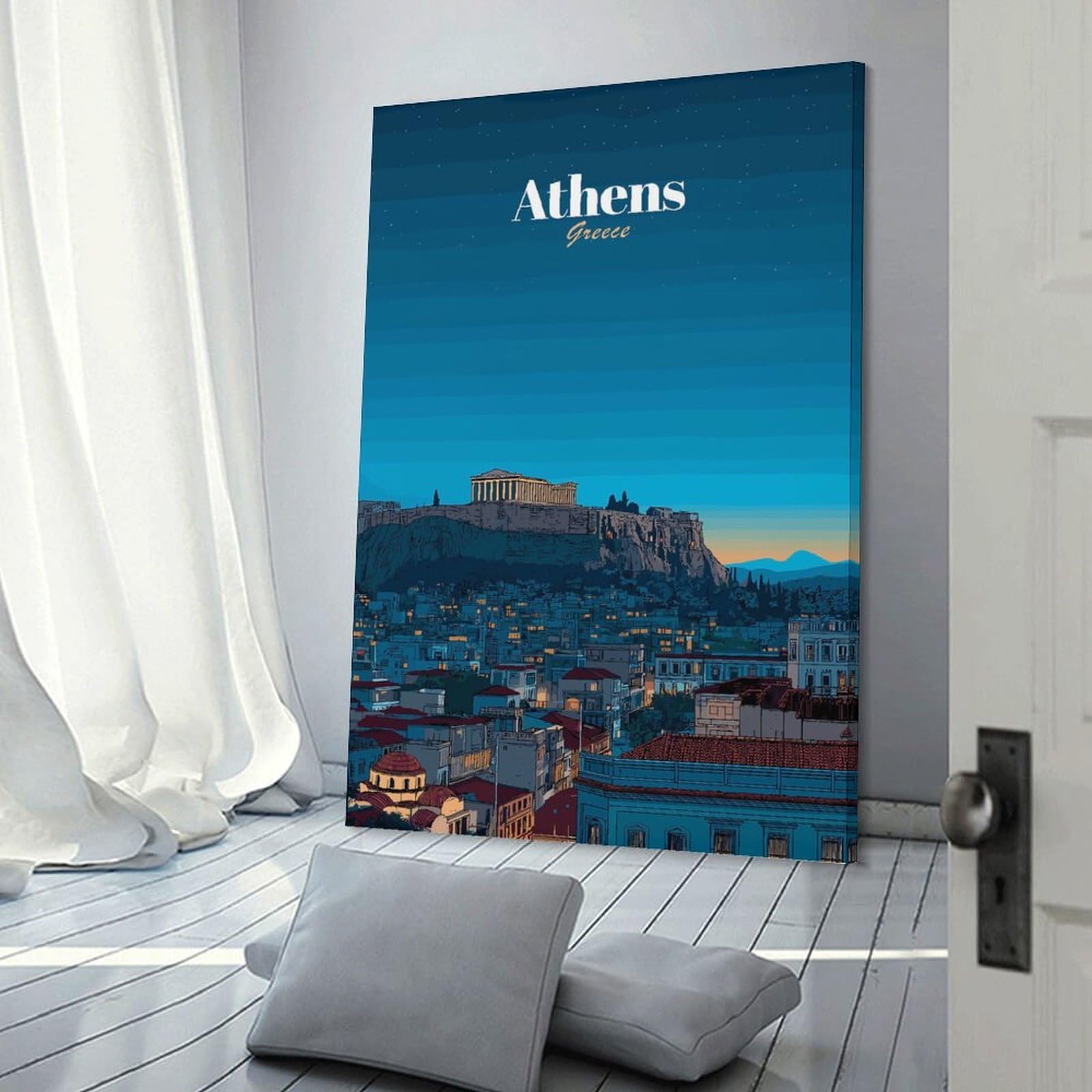 Junmoney Athens Cityscape at Night Wall Art Print, 08x12inch(20x30cm), for Entryway, Lounge Links Or Small Walls, Decorative Wall Art for Narrow Spaces
