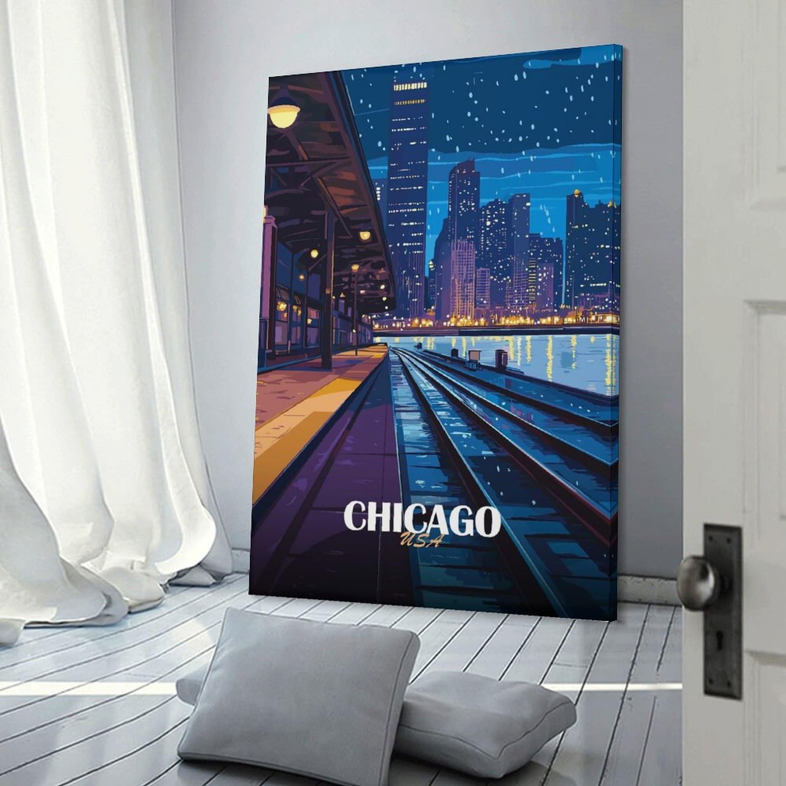 Junmoney Room Decor Wall Art Chicago Cityscape at Night, 20x30inch(50x75cm), for Gallery Wall Decor And Room Displays, An Easy Match for Collected Prints