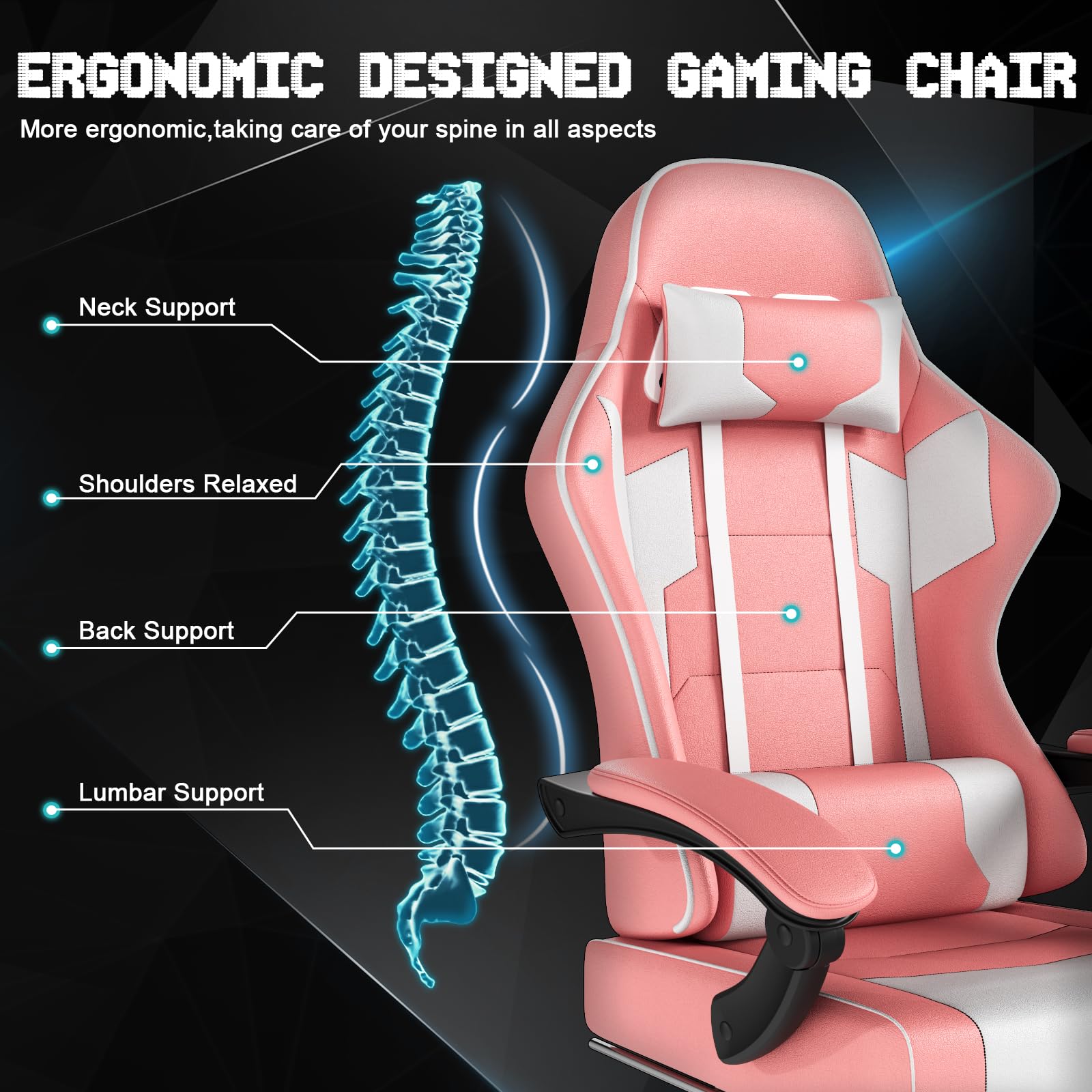 TRIUMPHKEY - Sedia da gaming con poggiapiedi telescopico, schienale regolabile 90°-150°, sedia da gioco con poggiatesta e supporto lombare, sedia da ufficio, 150 kg (colore rosa)
