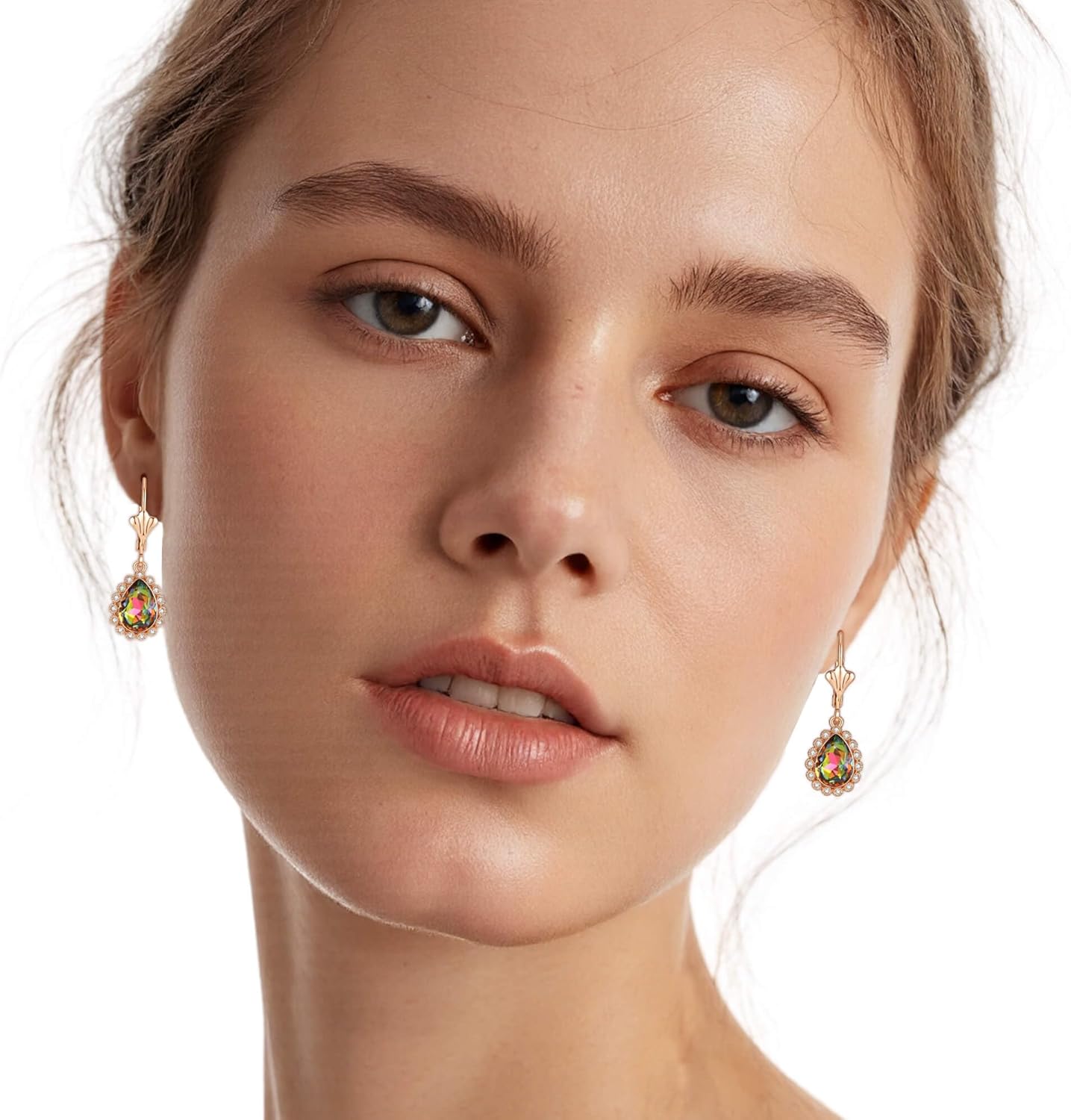 EVEVIC Austrian Crystal Teardrop Leverback Earrings for Women 14K Gold Plated Halo Dangle Drop Earring Jewelry Gifts - Image 2