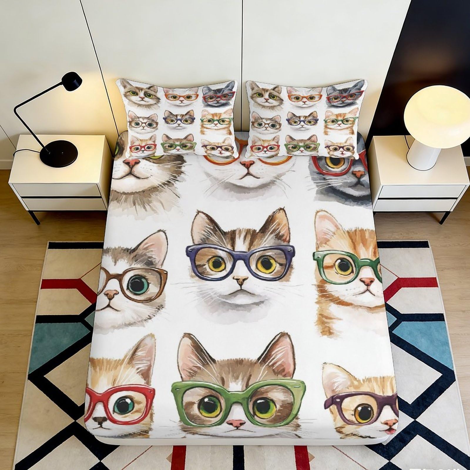 Dhbaneiok Style-10 3D Printed Cat Glasses Fitted Sheet Microfiber Soft Breathable Cartoon Cat Bed Sheet For Bedroom Dorm Decor Protection 90X200x25cm