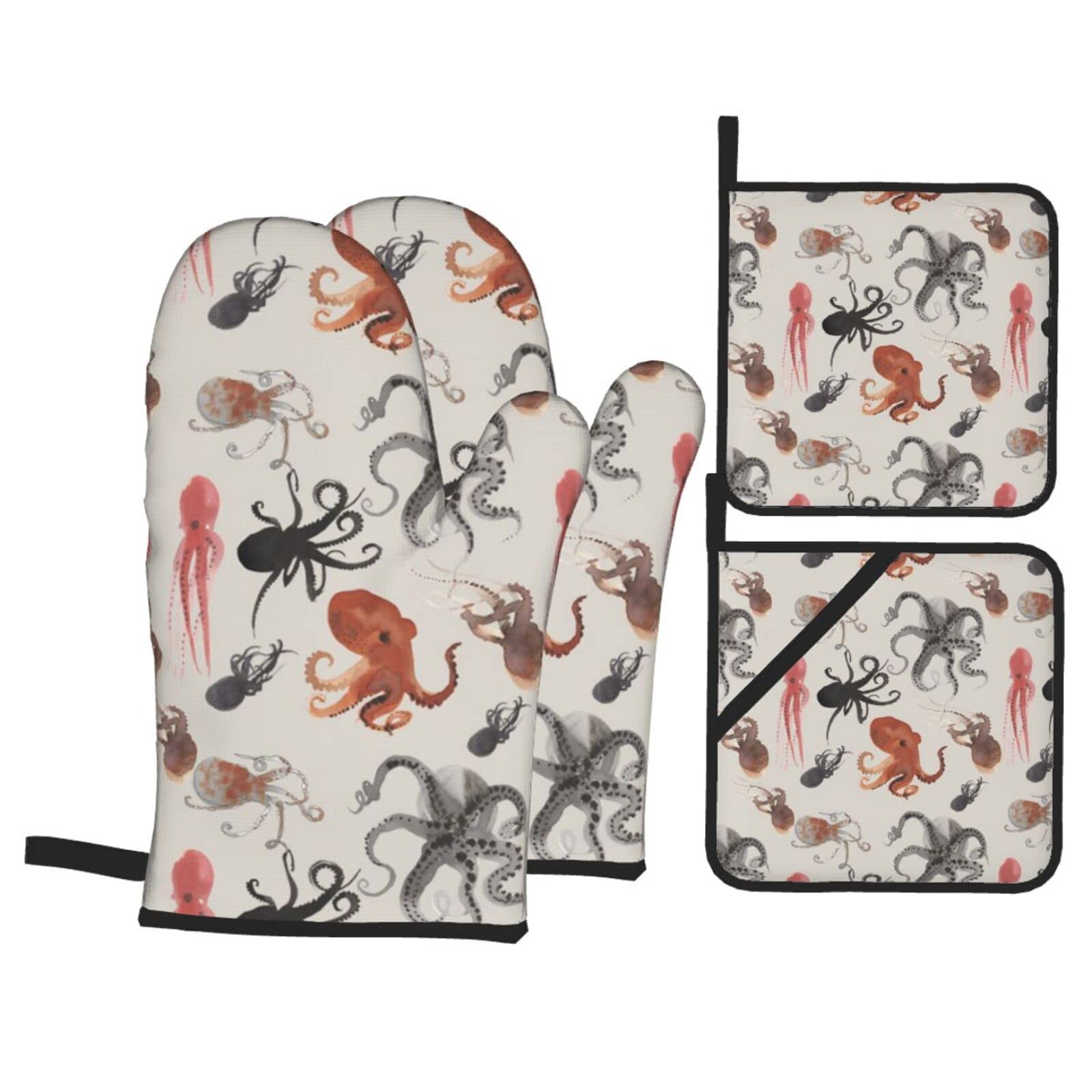 Color Octopus Print Kitchen Baking Four Piece Set of Heat Resistant Thick Cotton Oven Mitts for Cooking, Baking and Grilling