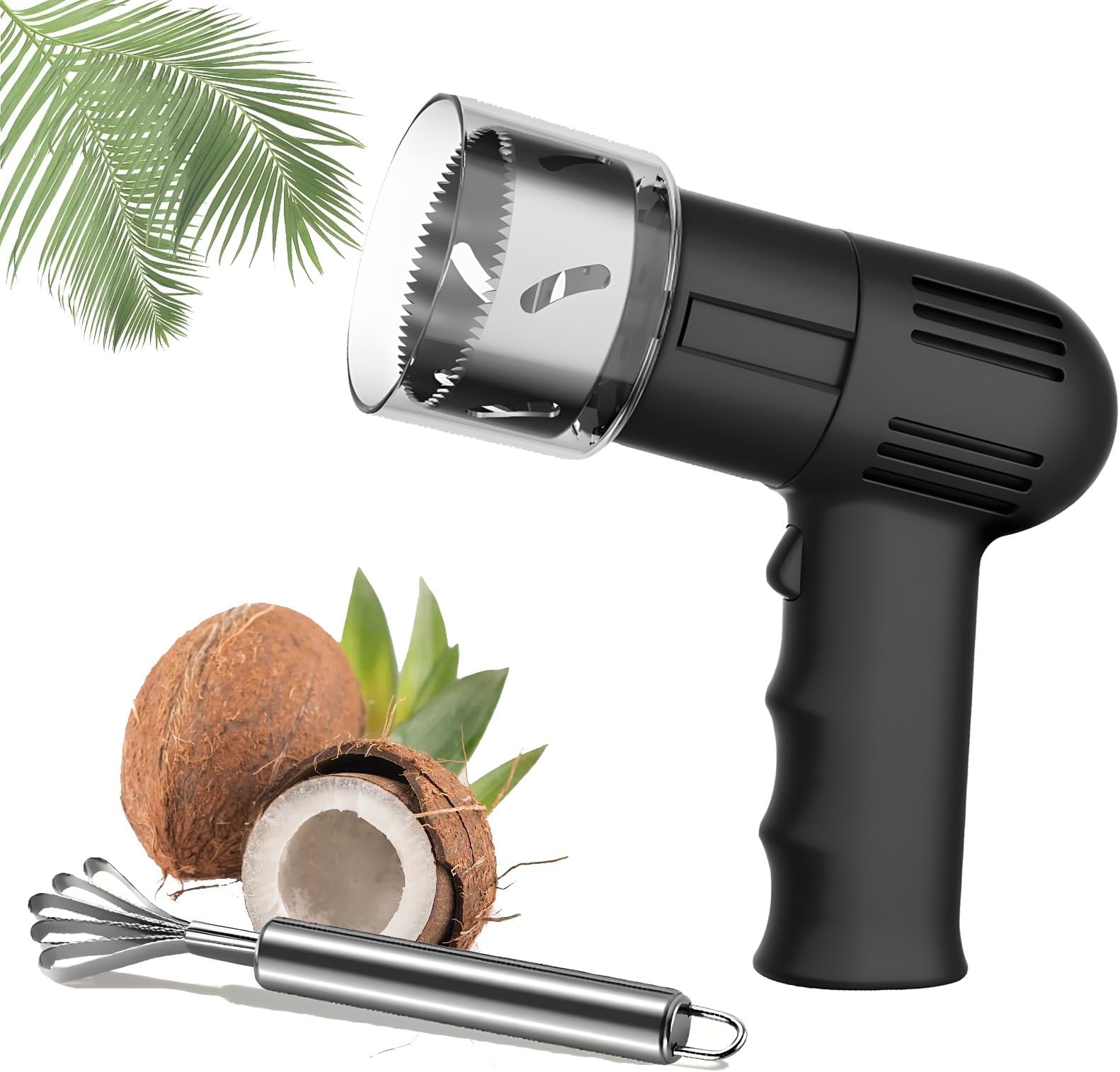 Automatic Coconut Opener, Portable Electric Coconut Opener with Coconut Scraper, Stainless Steel Coconut Punching Tool, Mature Coconuts Open Tool, Coconut Shell Opener, for all Types of Coconut(Black)