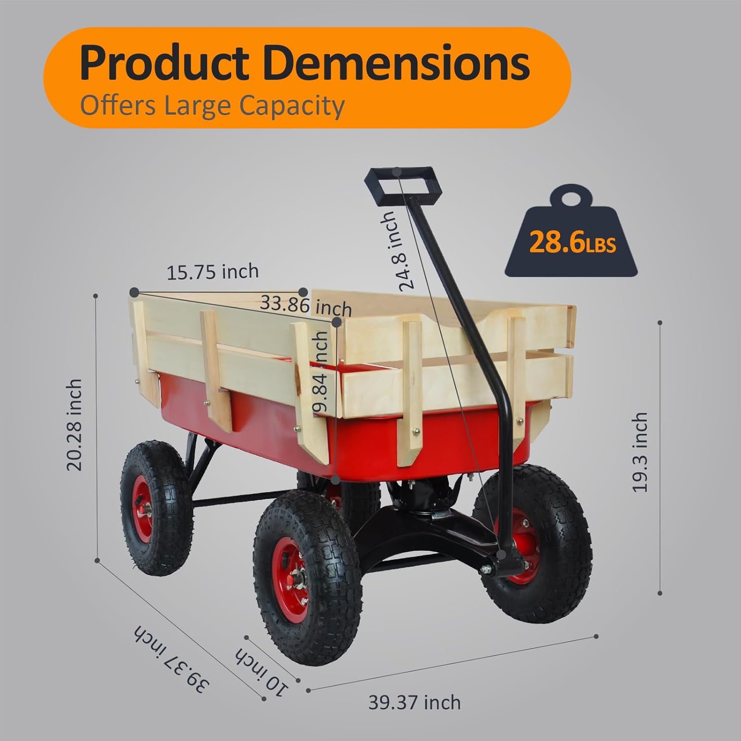 176 LBS Kids Wagon Cart, Heavy Duty with Steel & Wooden Sides, 85L Large Capacity, 10-Inch Inflatable Wheels for Beach, Picnic, Shopping (Red)