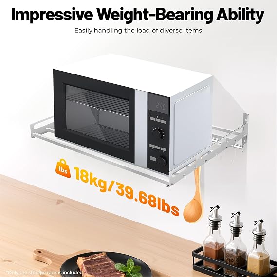 Wall Mount Microwave Oven Rack, Electric Oven Holder Shelf Kitchen Wall Pot Pan Rack with 12 Hook, Stainless Steel Kitchen Supplies Storage Rack for Seasoning, Rice Cooker, Tableware