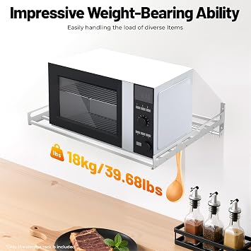 Wall Mount Microwave Oven Rack, Electric Oven Holder Shelf Kitchen Wall Pot Pan Rack with 12 Hook, Stainless Steel Kitchen Supplies Storage Rack for Seasoning, Rice Cooker, Tableware
