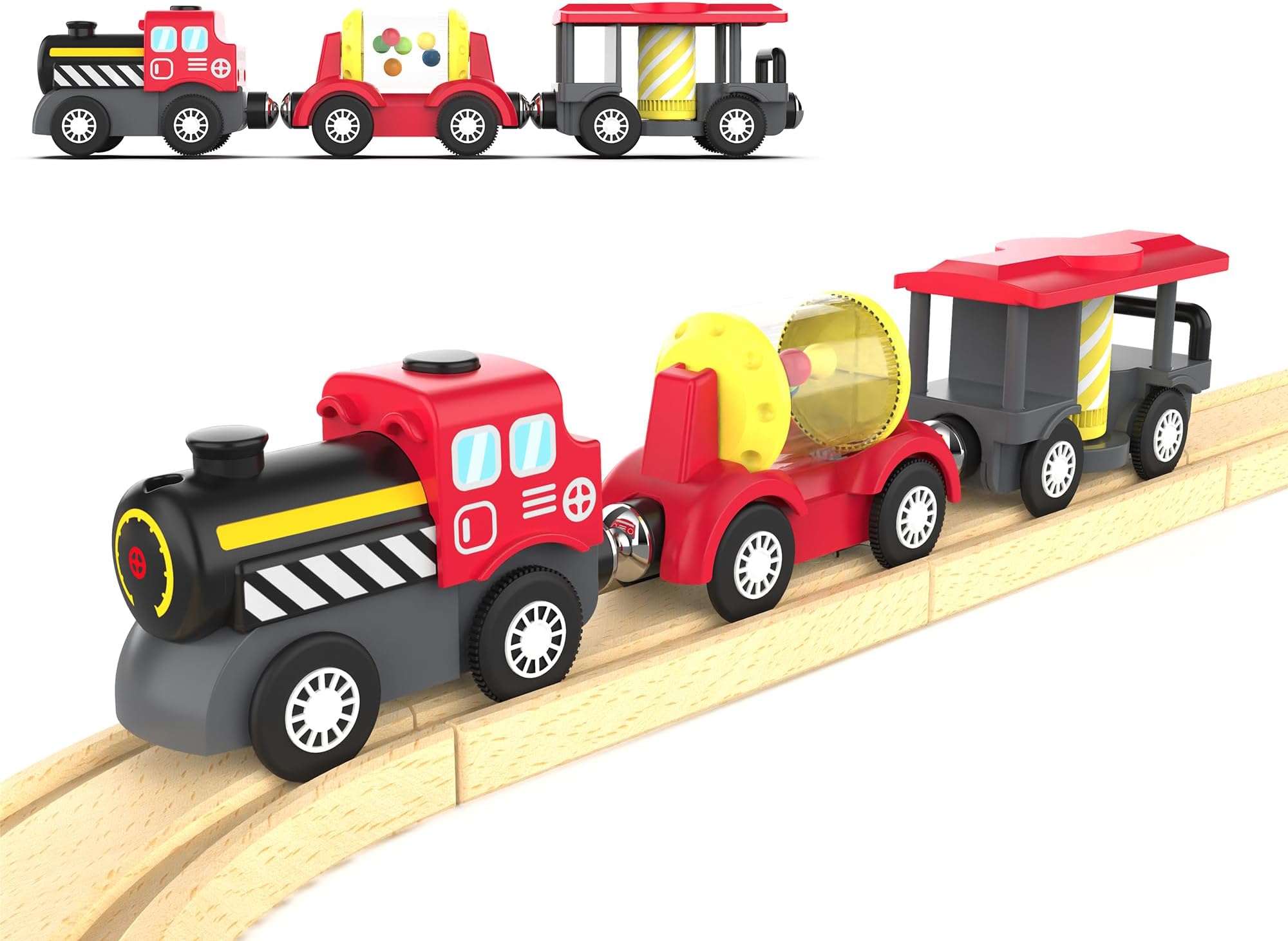 Z MAYABBO Wooden Train Track Accessories Battery Operated Locomotive Train, Magnetic Train Toy for Toddler Track Set, Powerful Engine Celebrates Train Fits All Major Brands Train Set