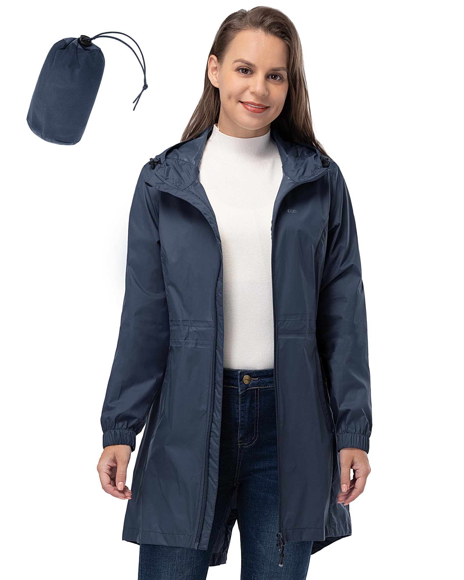 33,000ft Women's Rain Jacket Lightweight Hooded Long Rain Coat Waterproof Jacket Ladies Packable Functional Jacket Windbreaker Breathable Active Outdoor Coats