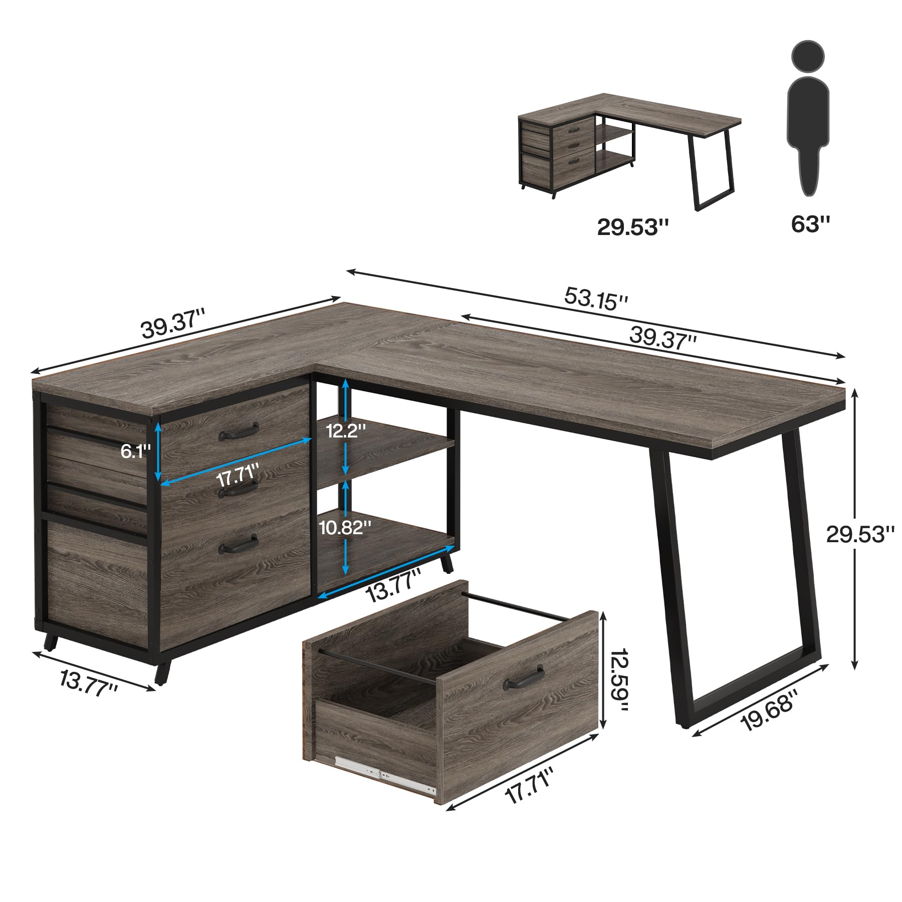Tribesigns L-förmiger Schreibtisch mit 3 Schubladen, wendbarer Eckschreibtisch für Heimbüro, Computertisch mit Regalen, 134 cm, Industrie-PC-Schreibtisch, Arbeitszimmer, Arbeitsplatz, Grau
