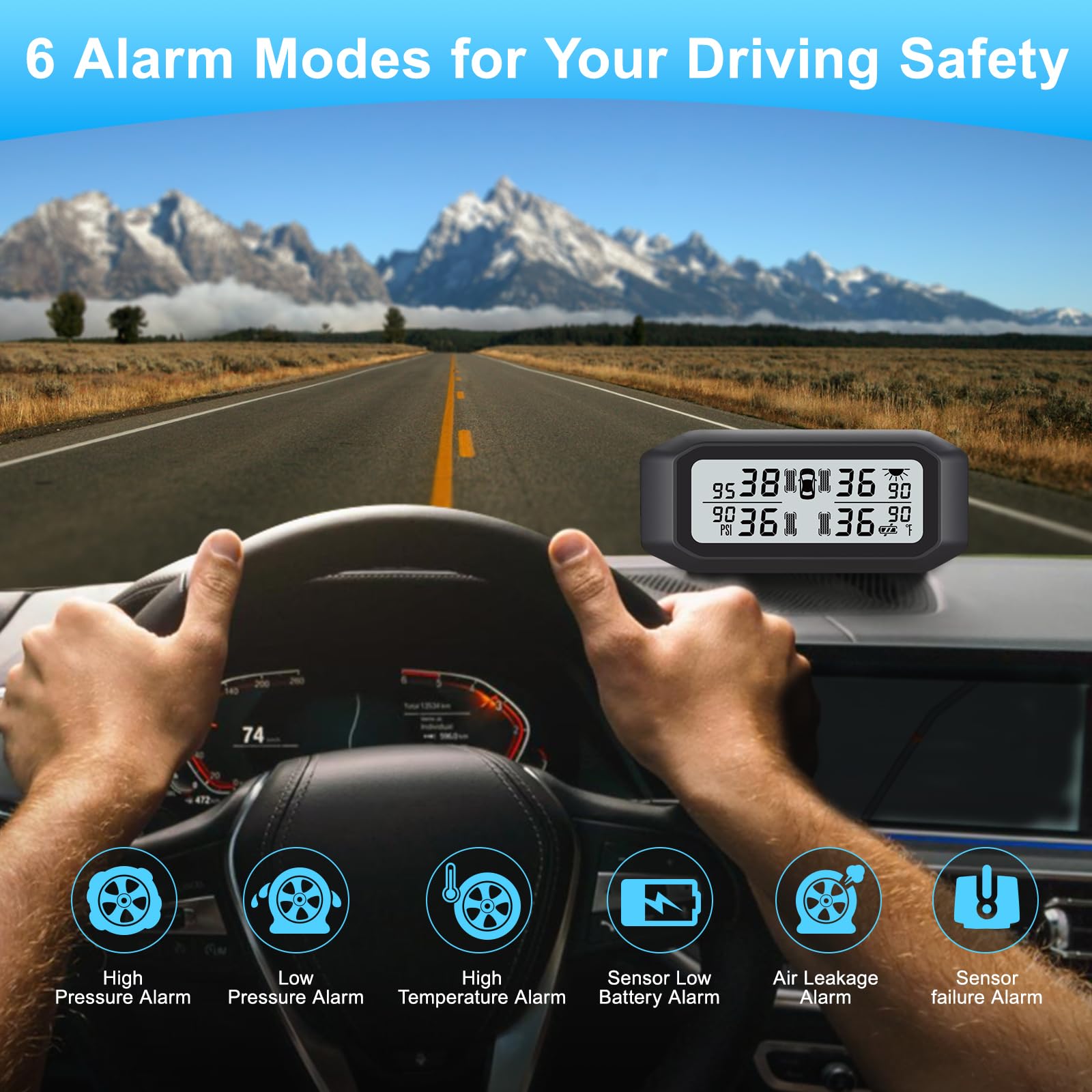 Promata Sistema di monitoraggio della pressione dei pneumatici per camper (0-99 psi/0-8 bar), carica solare e micro USB TPMS, 4 sensori e 6 modalità di allarme, avviso visivo e acustico per roulotte