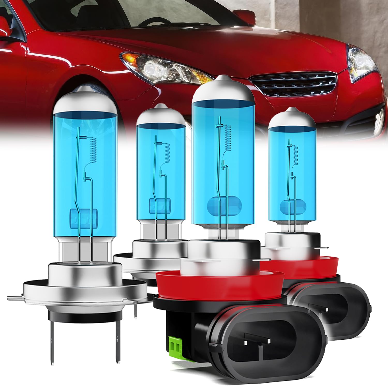 Headlight Bulbs Compatible With Hyundai Genesis Coupe 2010-2016, H7 High Beam + H11 Low Beam Halogen Light Bulb Combo, Super Bright 6000K White, Plug and Play, Pack of 4