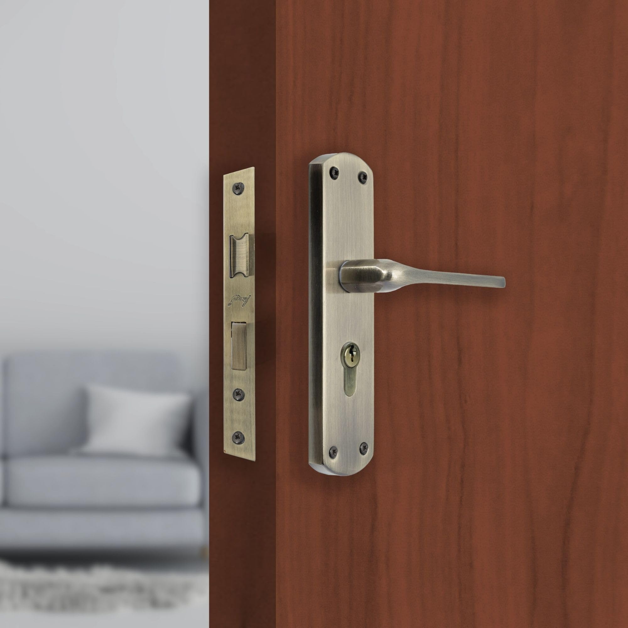 Godrej Mortise Lock I Handle Set 1CK EM02 I 6-Lever Lock I 3 Keys I Double Throw I 5" Handle I Left/Right Handed Door Operation| for Office & Internal Doors | Antique Brass Finish I 5 Year Warranty