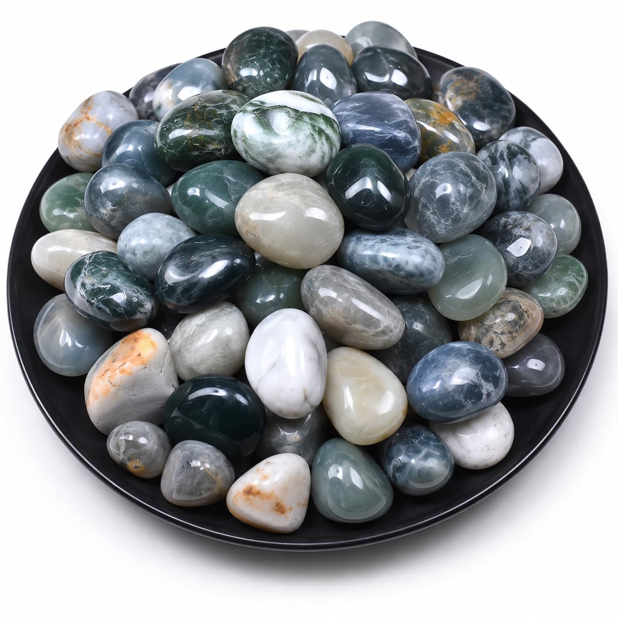 Polished Moss Agate Crystals - 72 Pcs, 0.5" 10 oz Handpicked Natural Tumbled Gemstones Rocks, Pebbles for Reiki, Chakra, Healing Home Decor