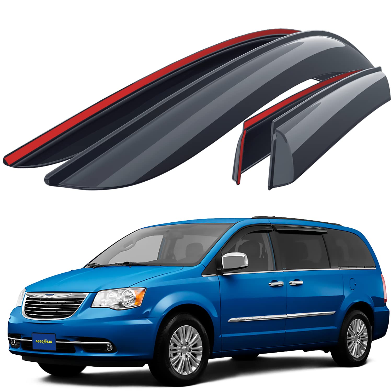 GoodyearShatterproof Window Deflectors for Dodge Grand Caravan 2008-2023/Chrysler Town&Country 2008-2016, Tape-on Rain Guards, Window Visors, Vent Deflector Visor,Car Accessories,4 pcs. - GY003245LP