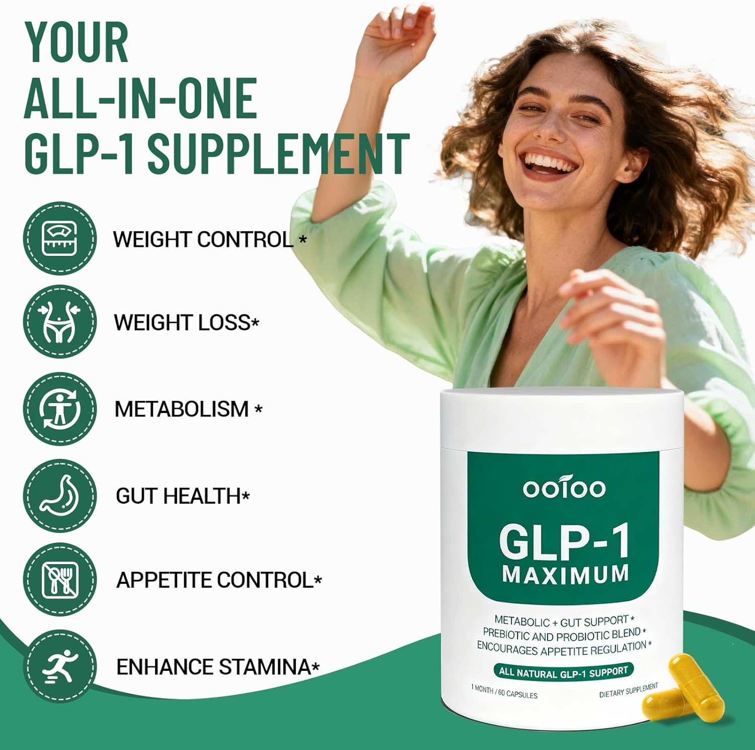 ooioo GLP-1 Weight Loss Supplement with Berberine, Ceylon Cinnamon & Probiotic Blend for Appetite, GLP-1 Activate, Metabolism & Gut, Vegan, Non-GMO, Halal Capsules for Men & Women