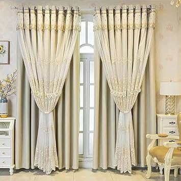 Amidoudou 1 Pair European Double Layer Curtains with Valances for Living Room Bedroom Luxury 3D Flower Embroidered Curtains Beige,52x90 Inch