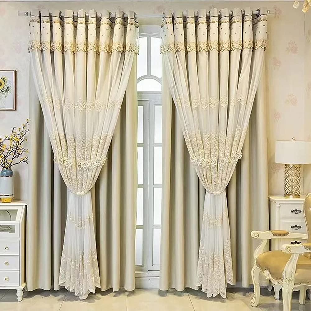 Cortinas elegantes de doble capa con flores 3D que visten tu salón con cenefas clásicas en beige