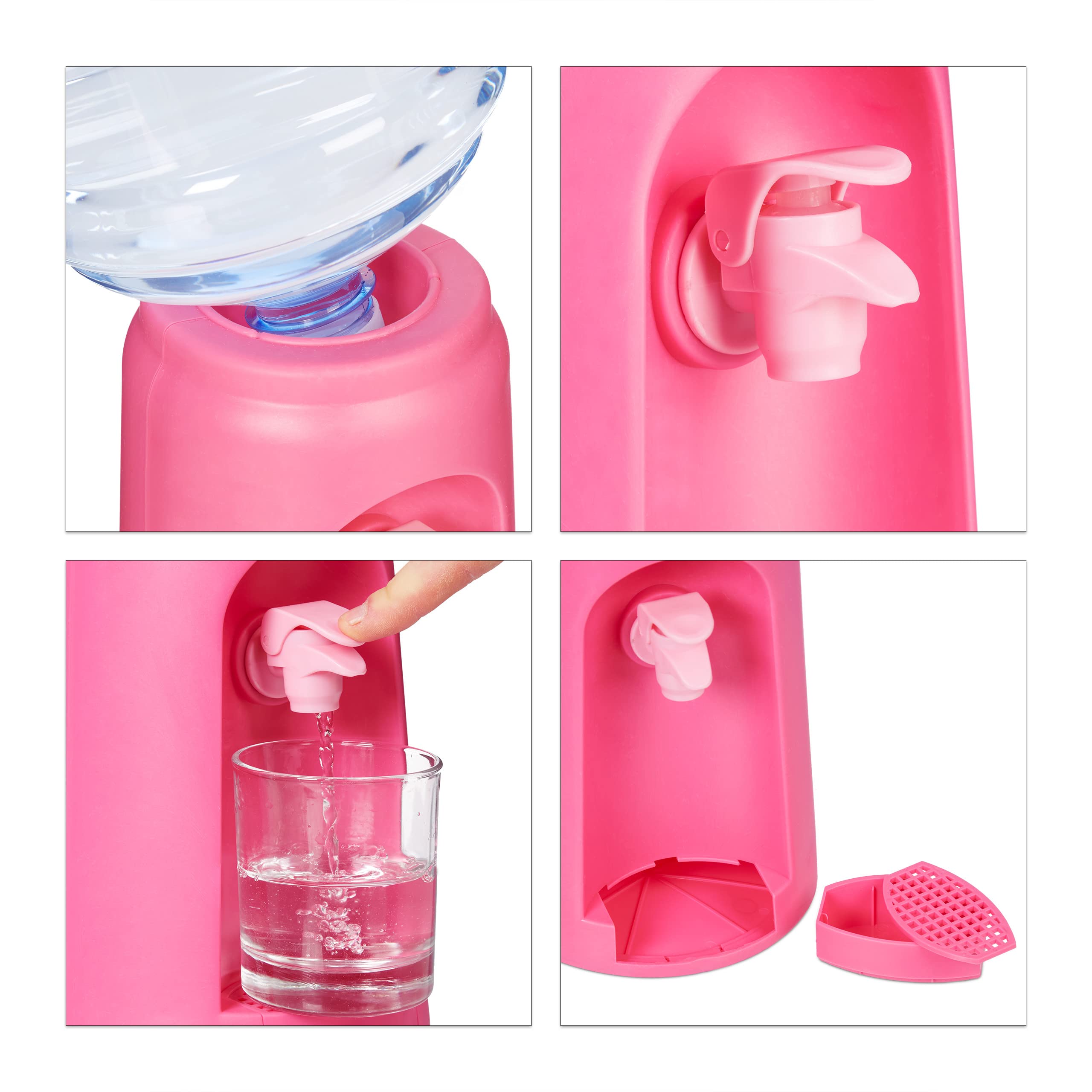 Relaxdays Dozownik wody ze zbiornikiem i kranem, dozownik wody pitnej do biura, 4,5 l, tworzywo sztuczne, wys. x śr.: 47,5 x 17 cm, różowy, 1 sztuka 10027938_52