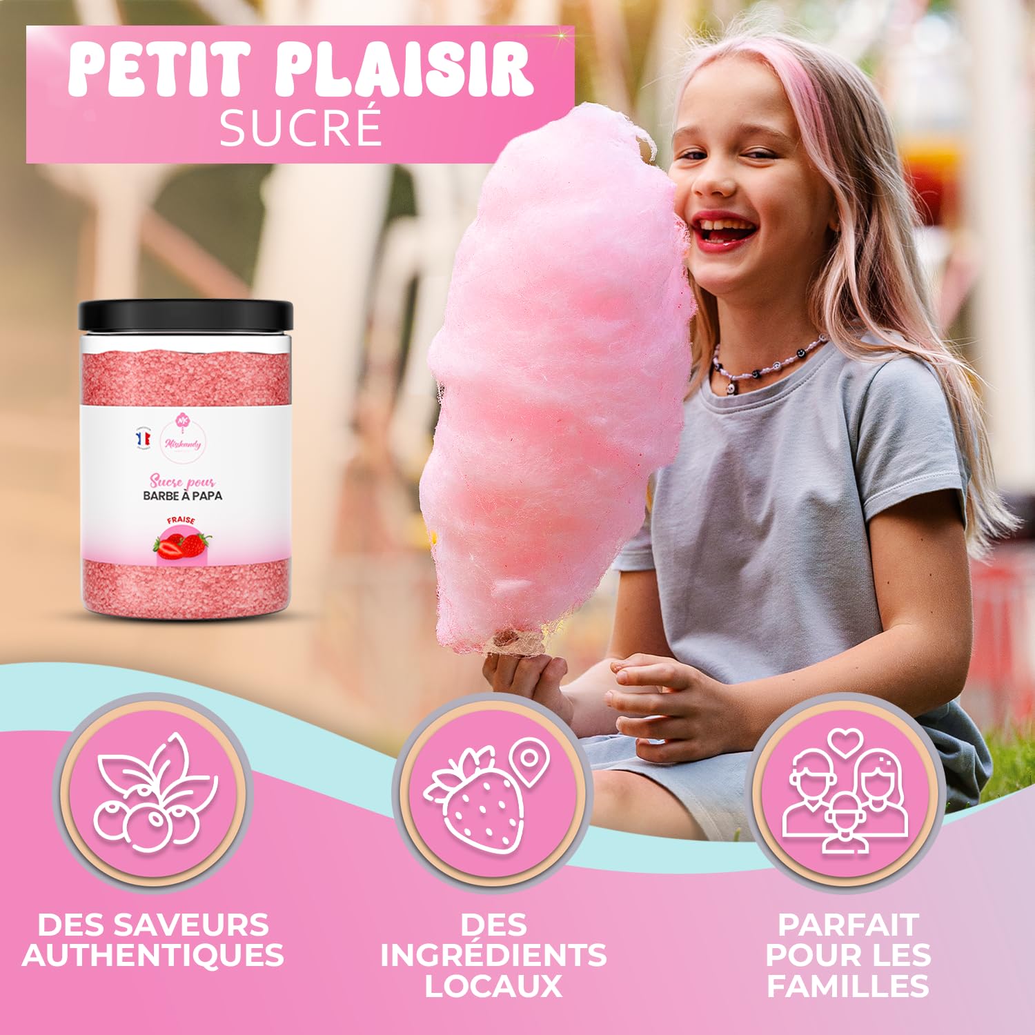 Misskandy®-Sucre Barbe à Papa pour machine lot de 6X160Gr (Arômes Naturels) Fraise- Pina colada- Cola-Pomme-Marshmallow-Framboise/poudre barbapapa+ 20 Bâtonnets Réutilisables (Offerts)