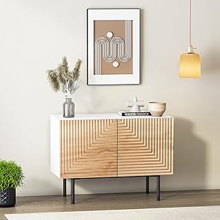 roomfitters Boho Sidboard Buffet Cabinet, Mid Century Accent Cabinet with Doors, Poplar Wood Print Carved and Geometric Design, Media Console for Living Room