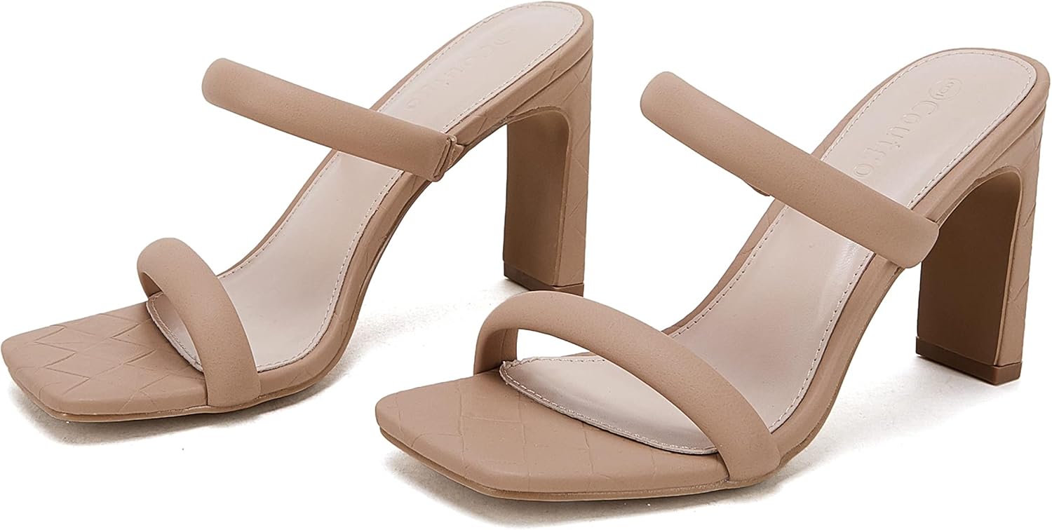 Coutgo Womens Square Open Toe Heeled Sandals Two Strap High Heel Backless Dress Slip On Mules - Image 4