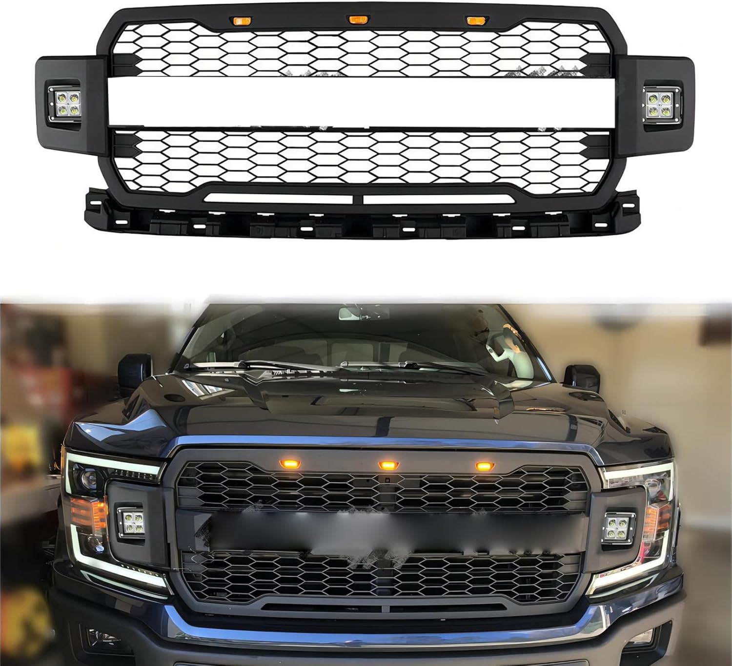Bewild Front Bumper Grille Grill With Side Lights Fit For 2018 2019 2020 Ford F150 F-150 Pickup Front Mesh Grille Replacement