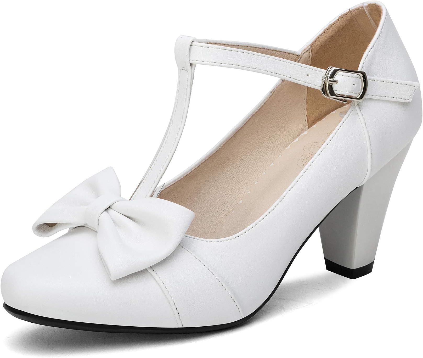 Odetina Women Vintage Bow Lolita Shoes Block Black High Heels Mary Janes Closed Toe T-Strap Pumps Comfort Rockabilly Shoes