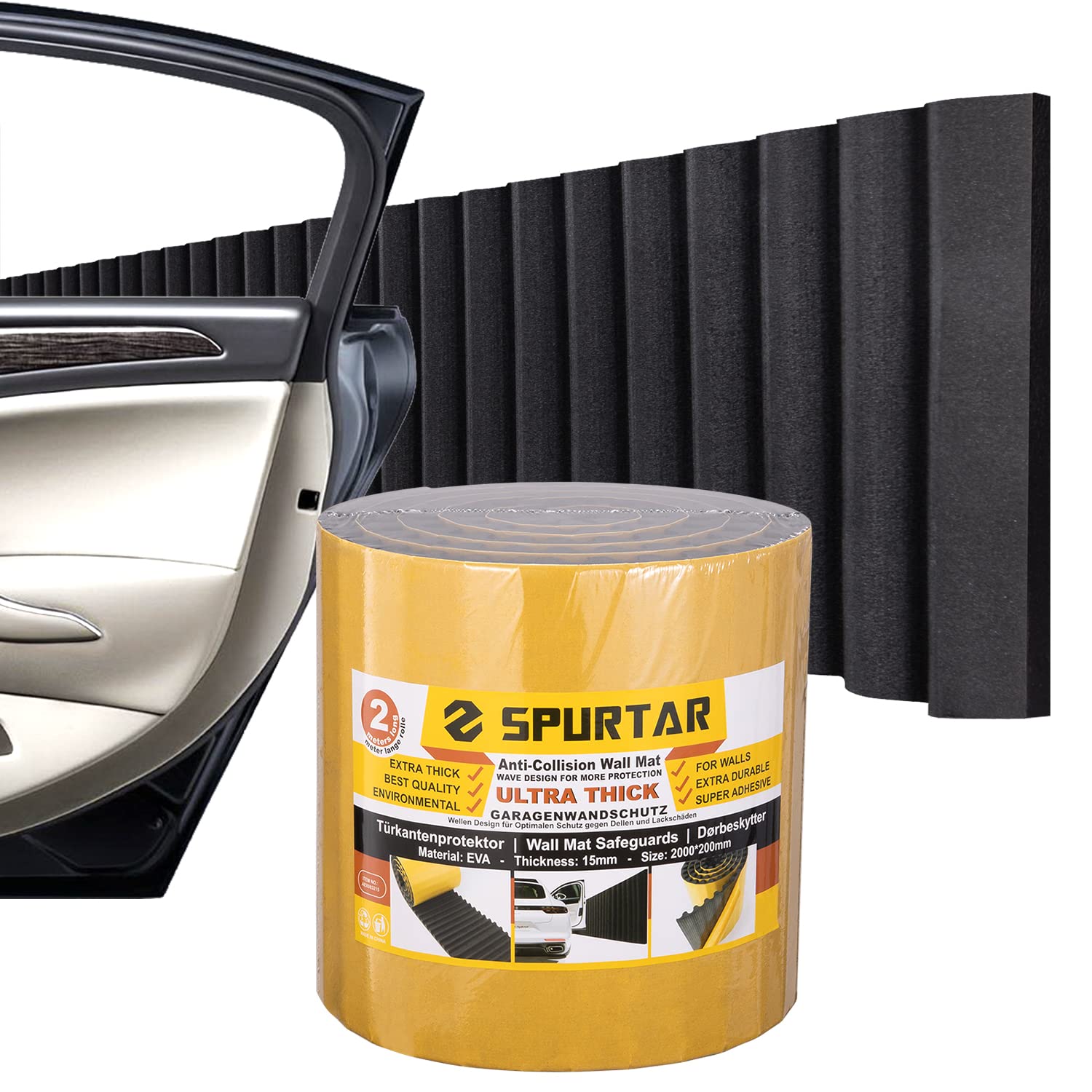 Spurtar Thick Garage Wall Protector Garage Parking Aid, 79" L x 8" W x 3/5" Self-Adhesive Car Door Protector, Wavy-Mat Wall Padding, Vehicle Door Edge Guards, Bumper Guards Protection Pads