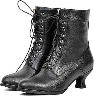 Women's Victorian Ankle Boots - Mid Calf, Round Toe, Black Boots with Ch...