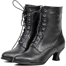 Women's Victorian Ankle Boots - Mid Calf, Round Toe, Black Boots with Chunky Heel &amp; Lace Up Detail
