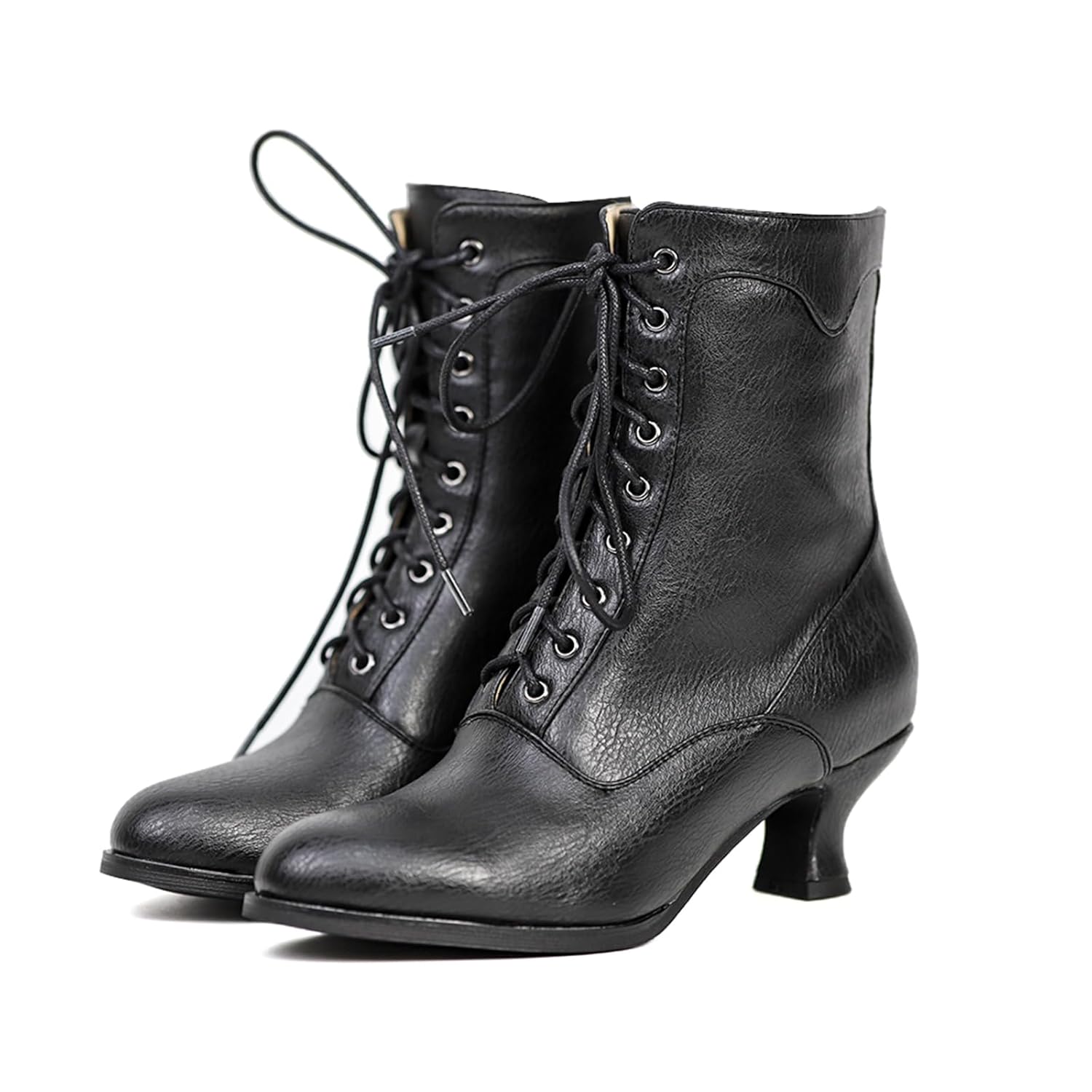Yremael Womens Victorian Ankle Boots - Mid Calf Round Toe Black Boots with Chunky Heel Lace Up Detail