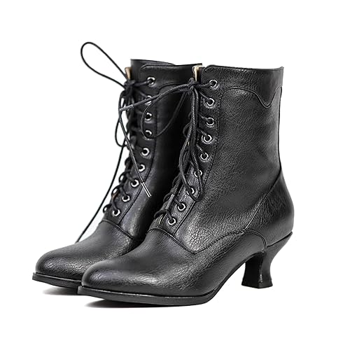 Women's Victorian Ankle Boots - Mid Calf, Round Toe, Black