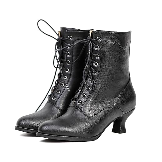 Women's Victorian Ankle Boots - Mid Calf, Round Toe, Black Boots with Chunky Heel & Lace Up Detail