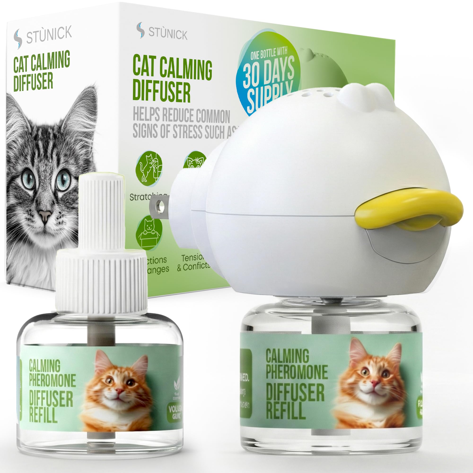 STUNICK CC1 Diffuseur apaisant pour chat, phéromones apaisantes, approvisionnement de 60 jours, 1 diffuseur et 2 recharges pour le stress, la pulvérisation d'urine, les combats de chats, l'agressivité