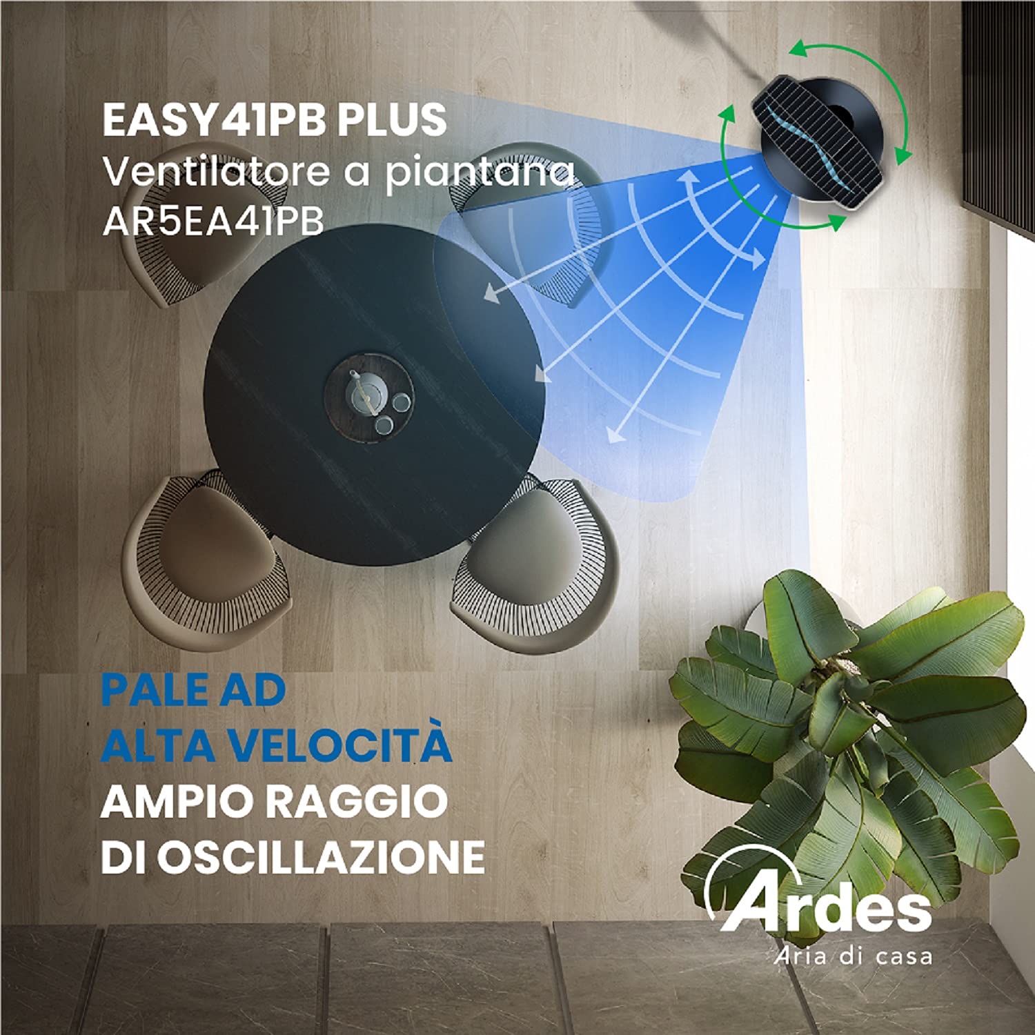 Ardes EASY 41PB PLUS Bodenventilator 50W 40 cm mit Automatischer Oszillation, Höhenverstellung bis 130 cm, Neigungsverstellung, 3 Leise Geschwindigkeiten und 3 Flügel