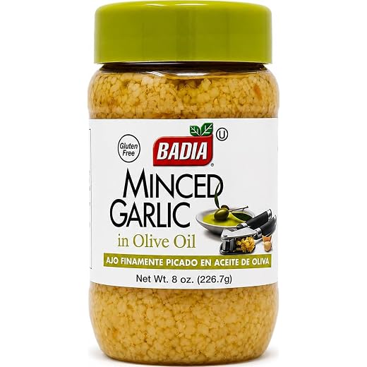 Badia Minced Garlic, 8 oz | Convenient minced garlic in olive oil for pasta, marinades, sauces, meats, vegetables, soups, and everyday cooking