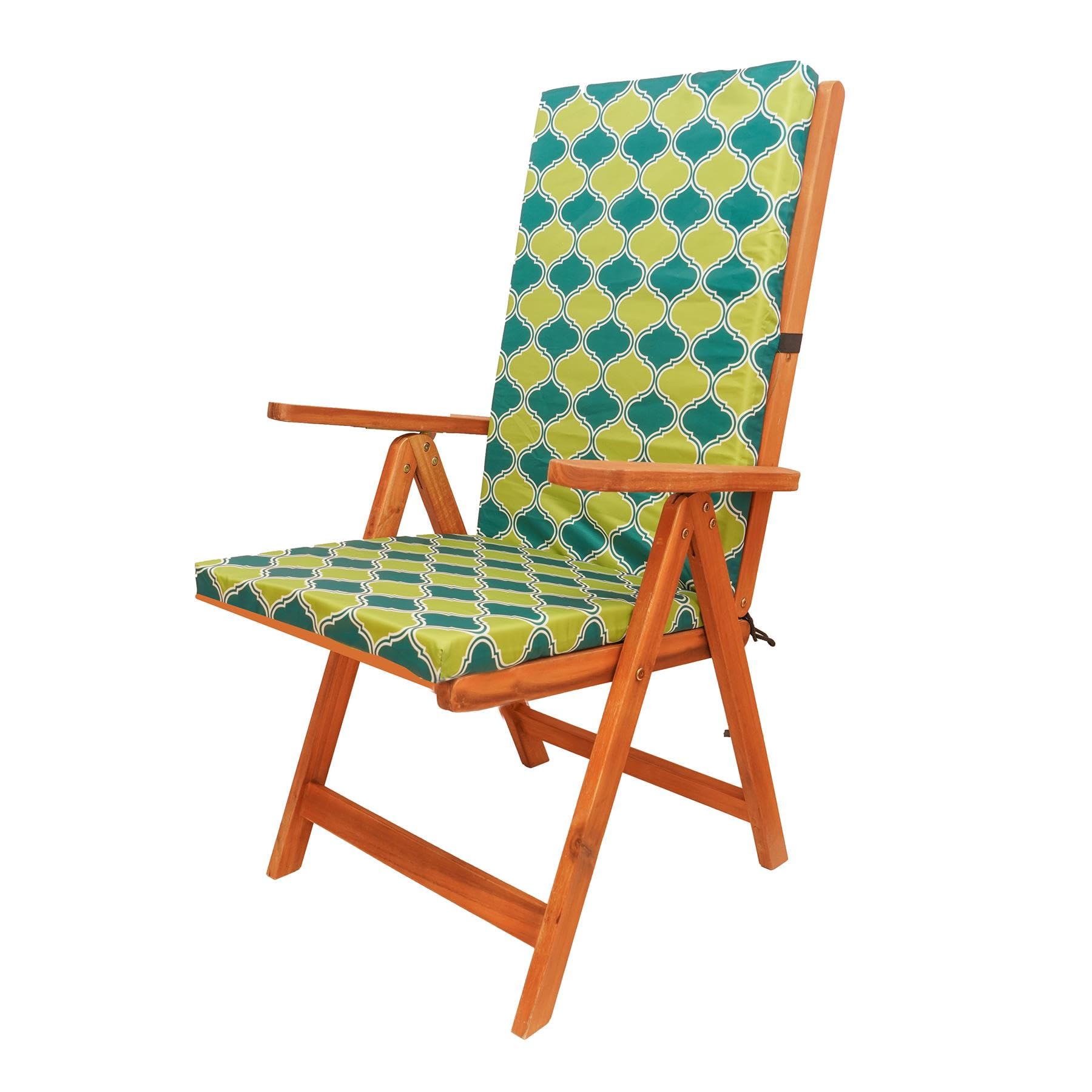Waterproof High Back Garden Chair Cushions with Ties – Green Morocco Print | Outdoor Seat Pads 120 x 45 x 4cm - Outdoor Cushions for Garden Furniture, Recliners, Loungers – Removable Washable Cover