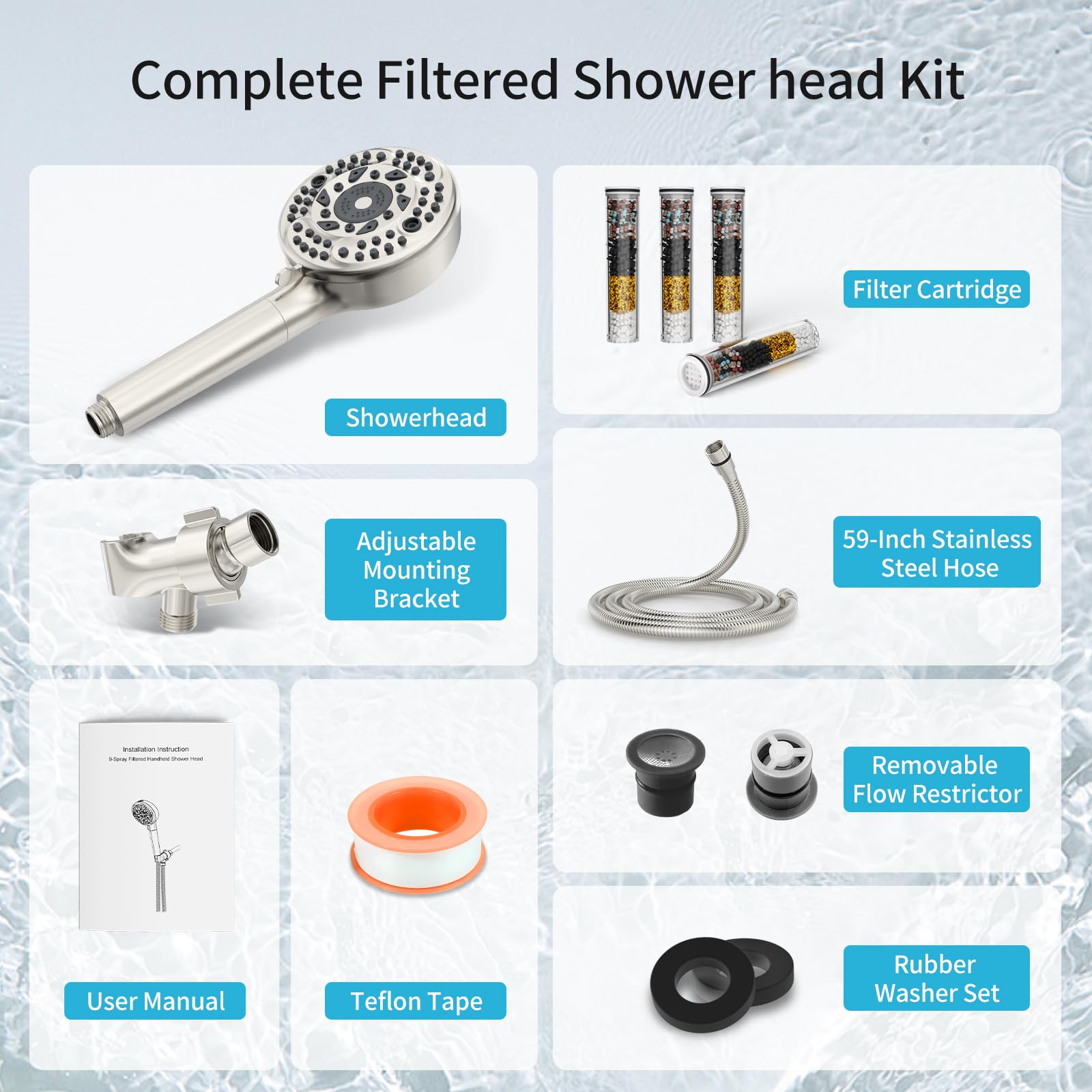 Cabezal de ducha filtrado con mano, 9 modos de pulverización, cabezal de ducha de alta presión con 4 filtros, cabezal de ducha con filtro de agua dura, elimina el cloro, níquel cepillado