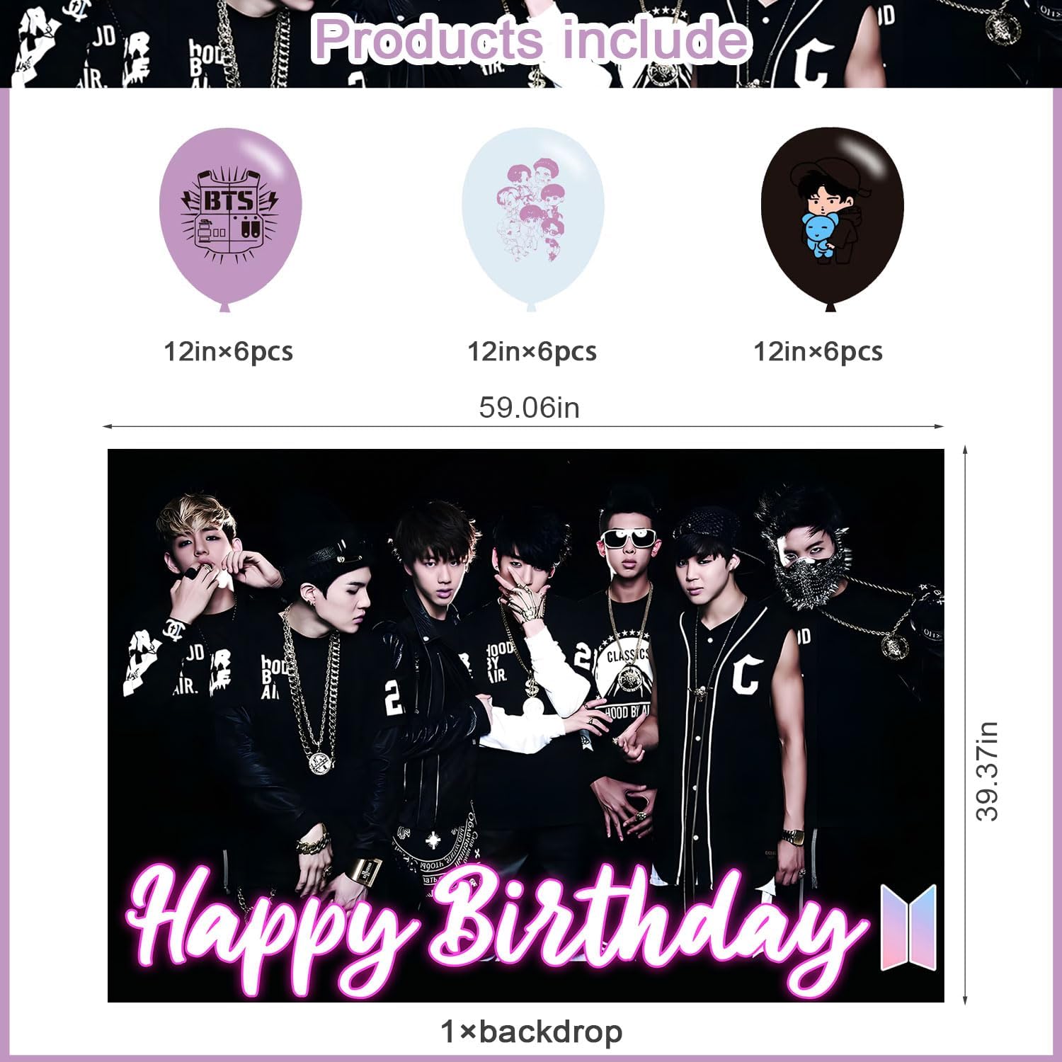 Bangtan Boys Birthday Party Decoration,Boy Band Party Photo Background 5 x 3 FT and 18 Pcs Balloon,Merch Party Backdrop Supplies - Image 2