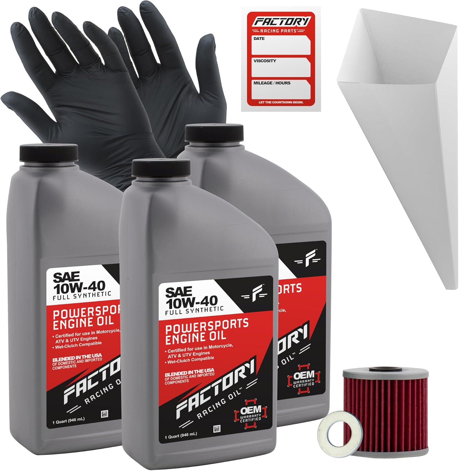 Factory Racing Parts Oil Change Kit compatible with Kawasaki KLF220 KLF250 KSF250 – Includes 3 Quarts of 10W-40 Full Synthetic Oil, 1 Filter, 1 Crush Washer, 1 Funnel, 1 Oil Change Sticker