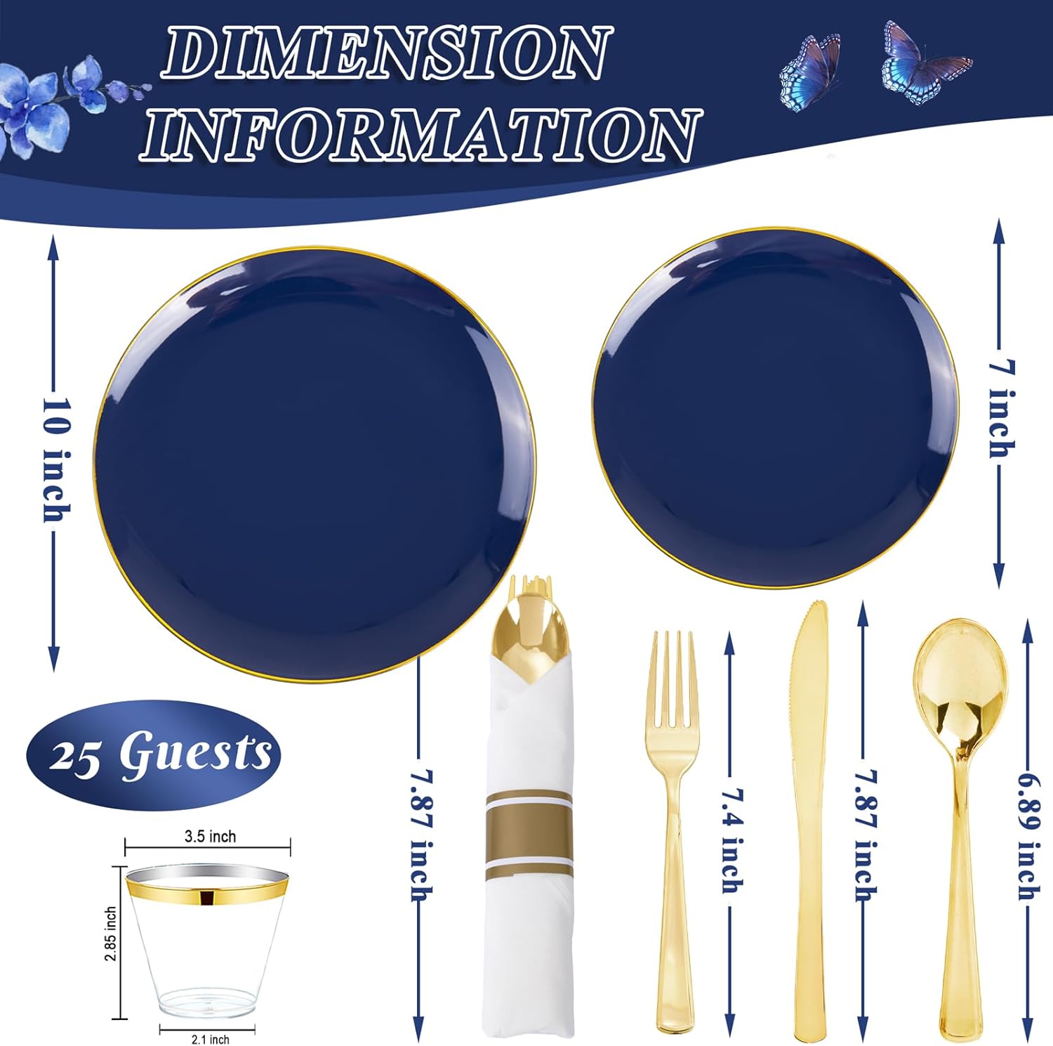 KIRE 175Pcs Blue Plastic Plates - Navy Blue Plates Disposable - 25 for Dinner 25 for Dessert 25 Pre Rolled Napkins with Gold Plastic Silverware and 25 Cups for Birthday Party/Wedding - Image 6