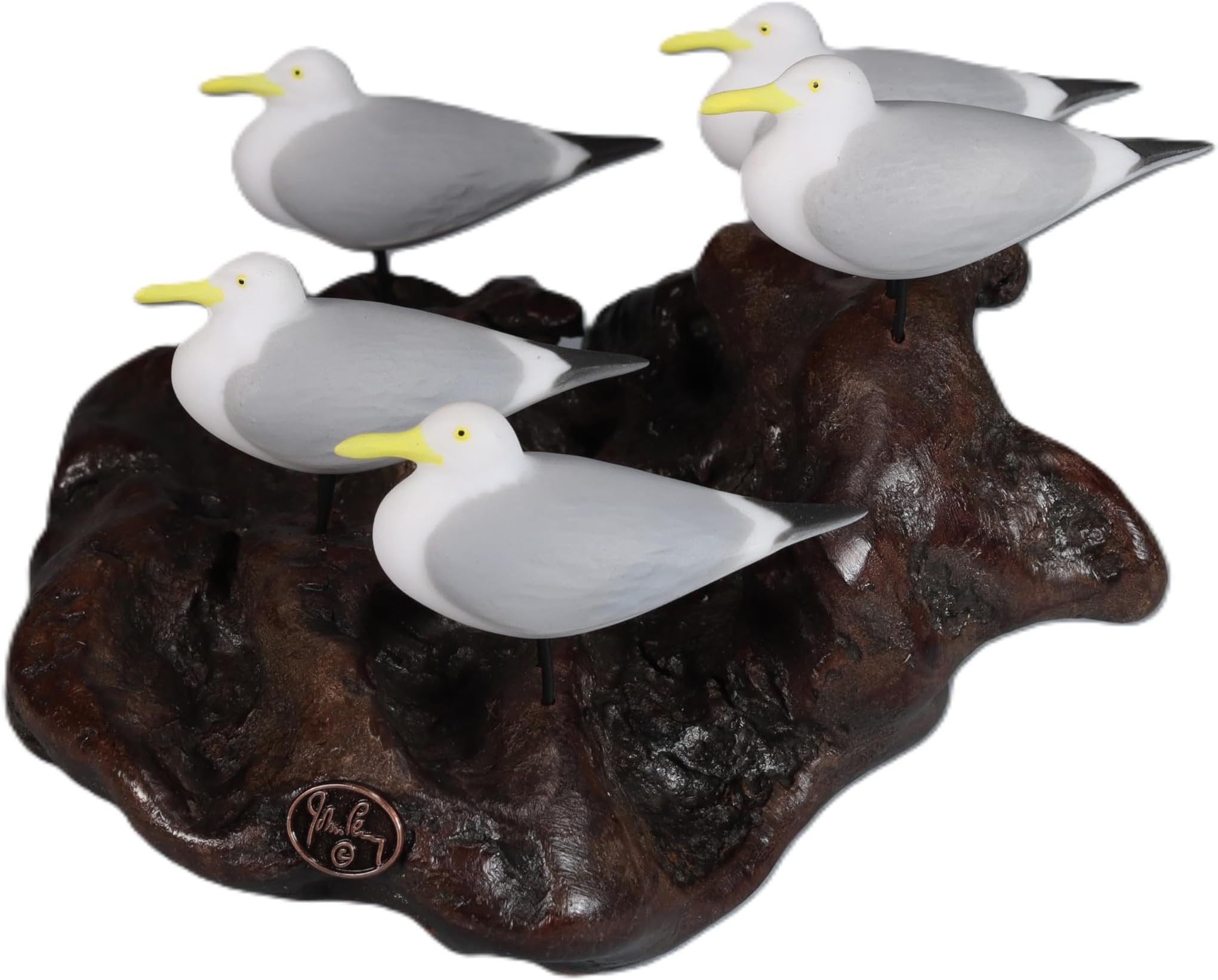 5 Seagull Sculpture by John Perry Hand-Painted 6in Long on Polished burlwood Base. Signed.