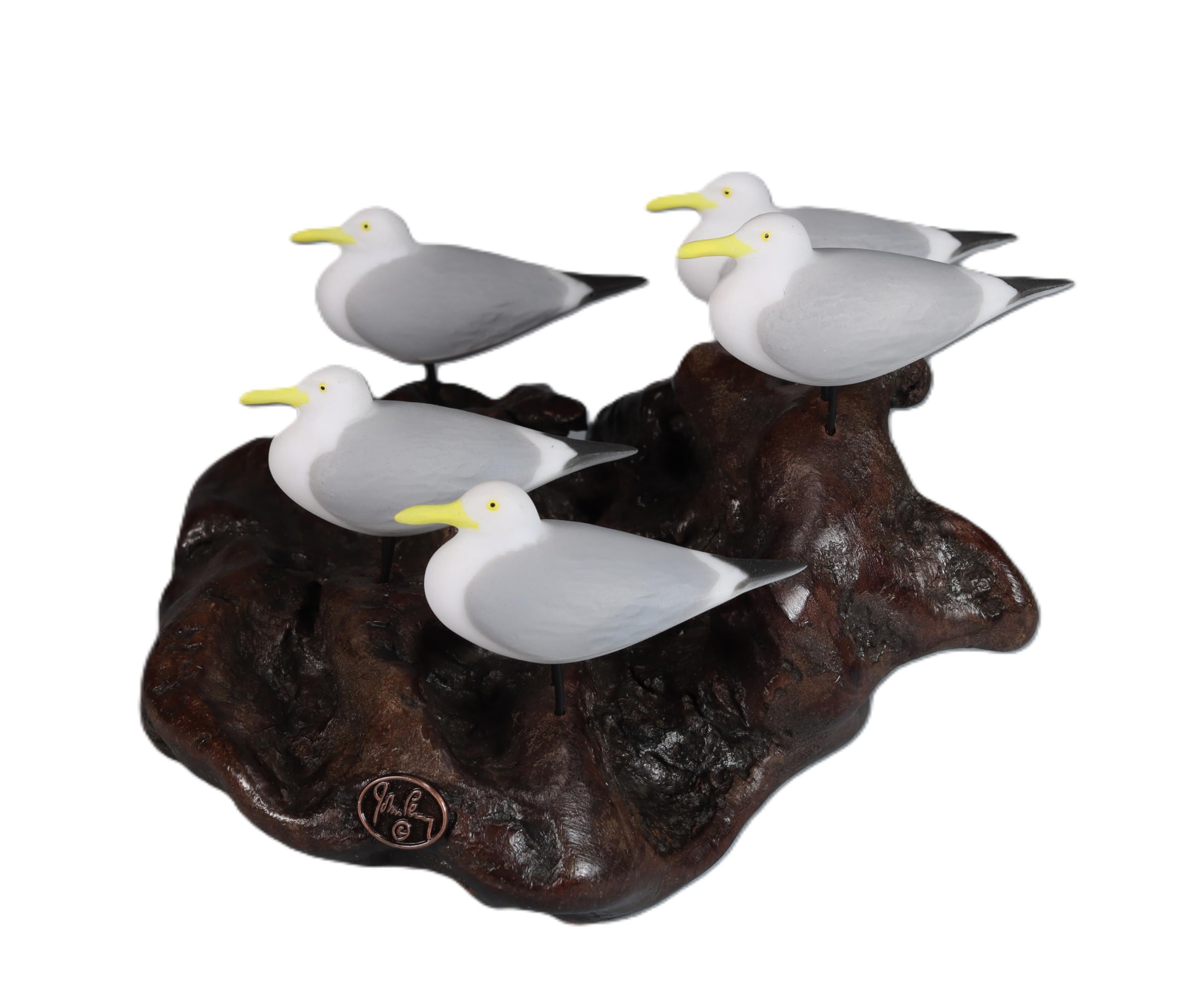 5 Seagull Sculpture by John Perry Hand-Painted 6in Long on Polished burlwood Base. Signed.
