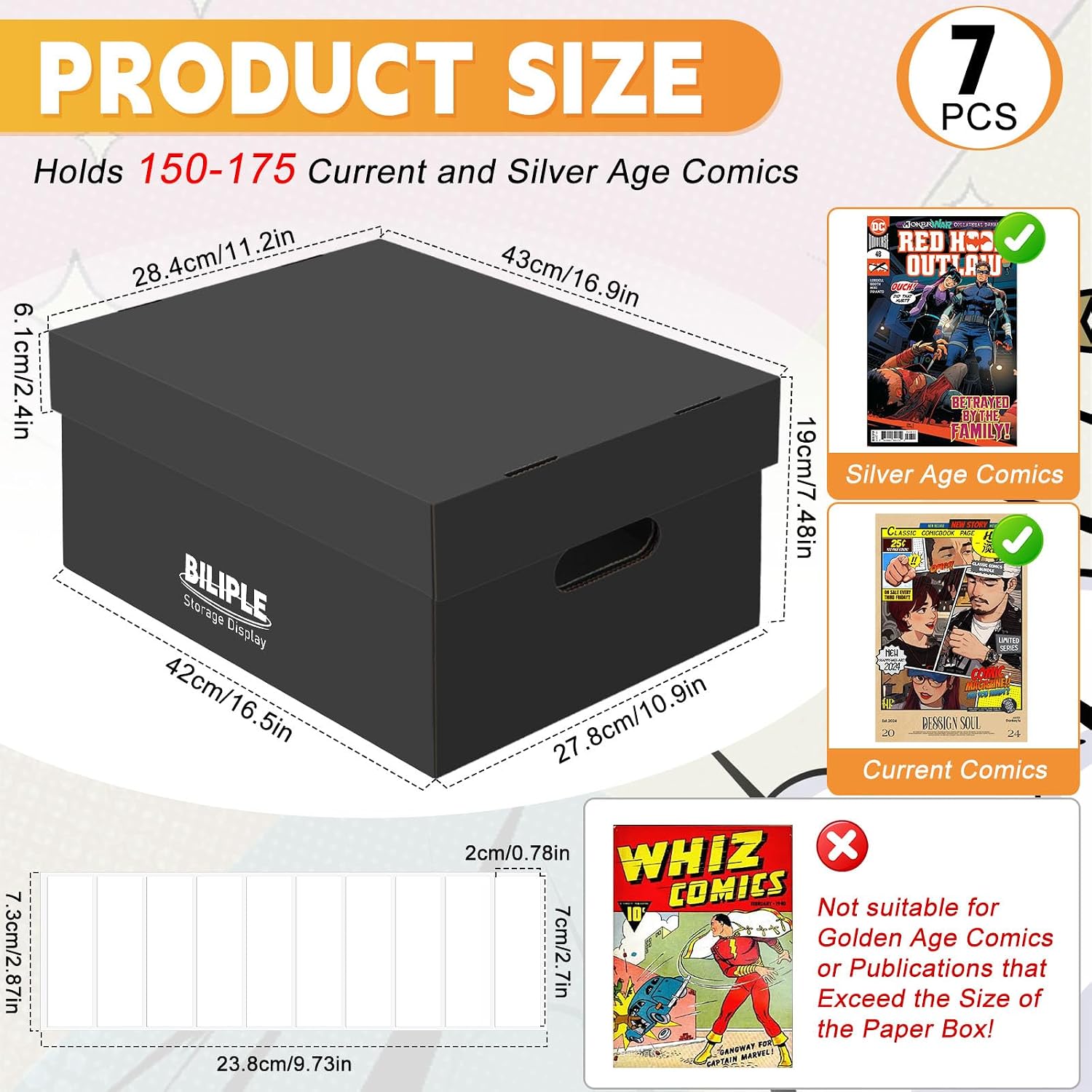 7 Pack Comic Book Storage Box 15.8" X 7.2" X 10.7", Thick Cardboard Comic Book Box with Lids, Holds 150-175 Current/Silver Age Comic, Stackable Bin Comic Organizer Case for Collecting Supplies, Black