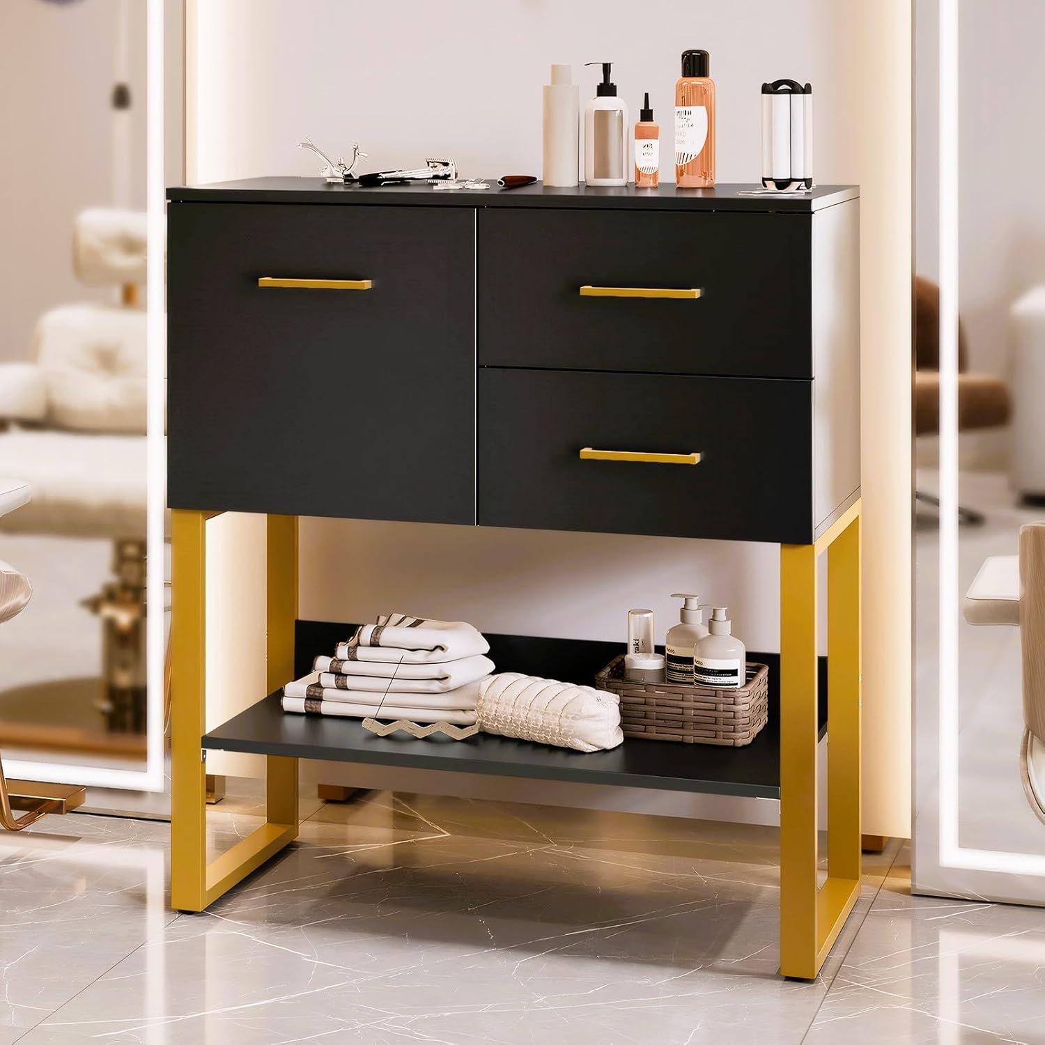 OmySalon Professional Barber Station, Salon Stations for Hair Stylist, Storage Cabinet with 3 Hair Dryer Holders, 2 Drawers, Hairdressing Organizer Table for Beauty Spa Barbershop Home, Black Gold