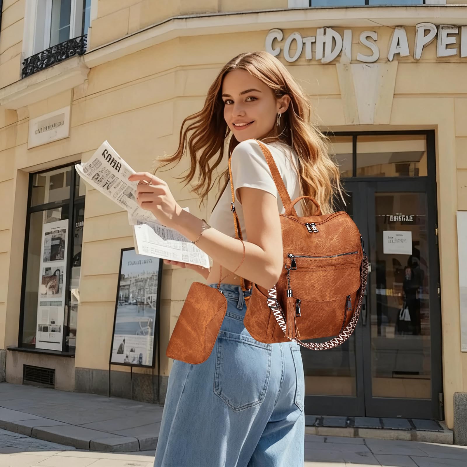 Sac a Dos Femme en Cuir Vegan, Sacs à Main Portés Dos Antivol Imperméable Elegant Leger, Backpack pour Voyage L'école Travail Université Collège Shopping