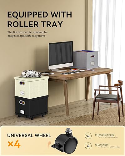 Miniatura 2 de Oterri Caja de archivos, caja de archivos mejorada, cajas de archivos fáciles de deslizar para colgar archivos con tapa, archivador rodante de lino,