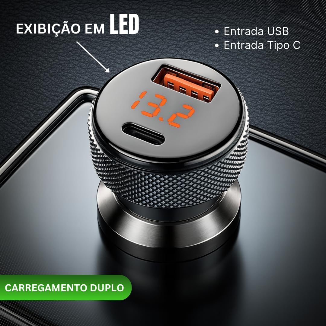 Carregador Veicular Turbo 60w, kit com Cabo Premium, Carregamento Ultrarrápido entrada USB 3.0+Tipo C com LED, Portas Inteligentes, Compatível com Android, iPhone e Tablets