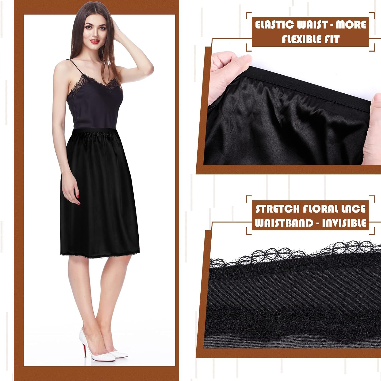 3 Pieces Half Slips for Women 3 Kinds of Length 19, 27, 35 Inch Slip Under Dress Satin Lace Long Skirt - Image 3