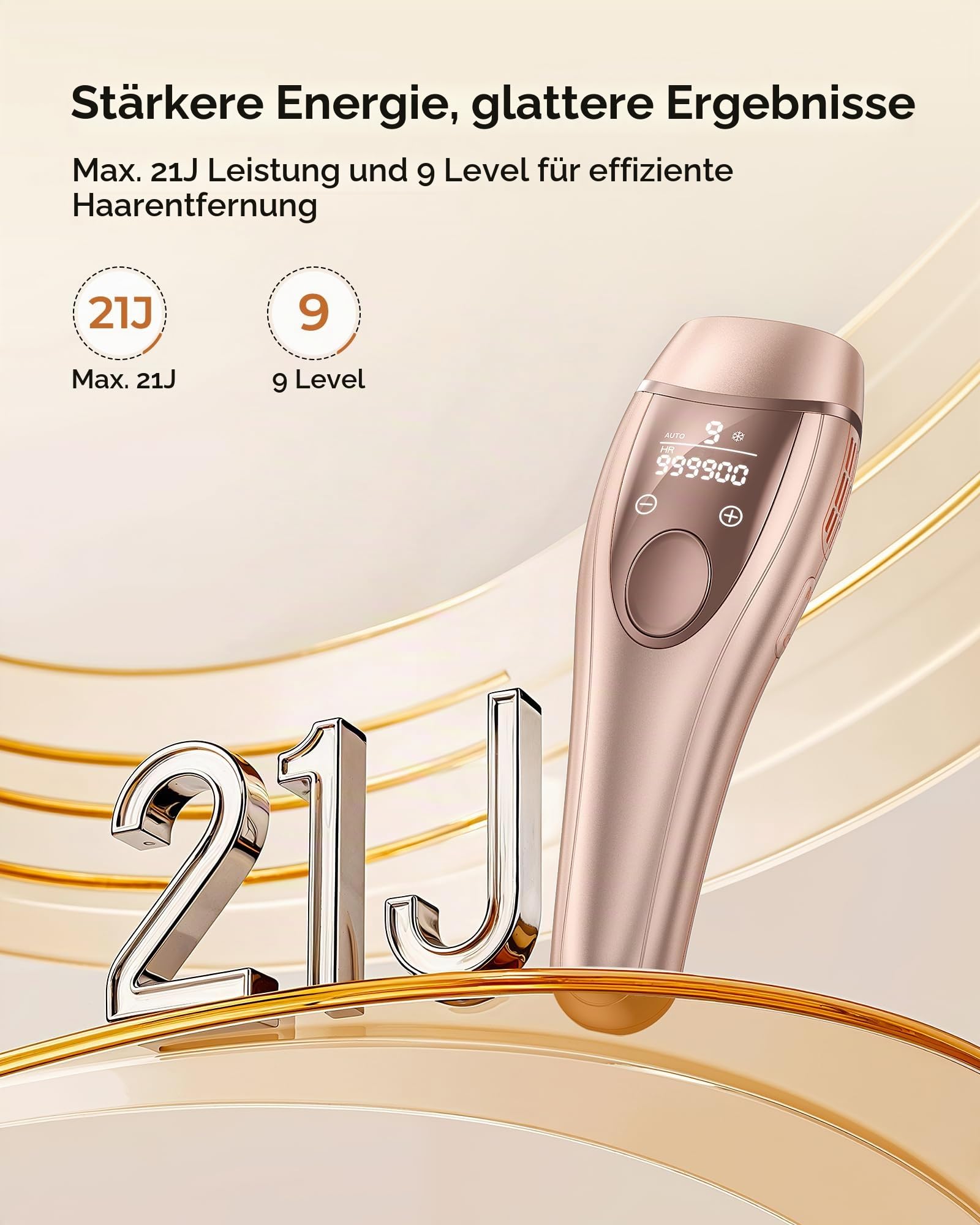IPL Geräte Haarentfernung mit Kühlfunktion, 21J Laser Haarentfernung für Damen & Herren, 9 Stufen, 999.900 Blitze, für Körper, Achseln & Bikinizone Gold Épilateurs à lumière pulsée